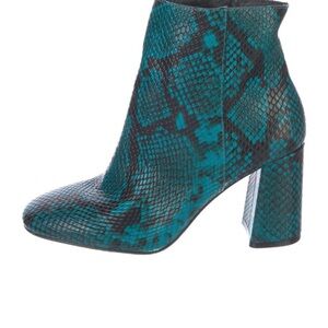 Alice + Olivia Teal Snake-Print Block Heel Ankle Boot